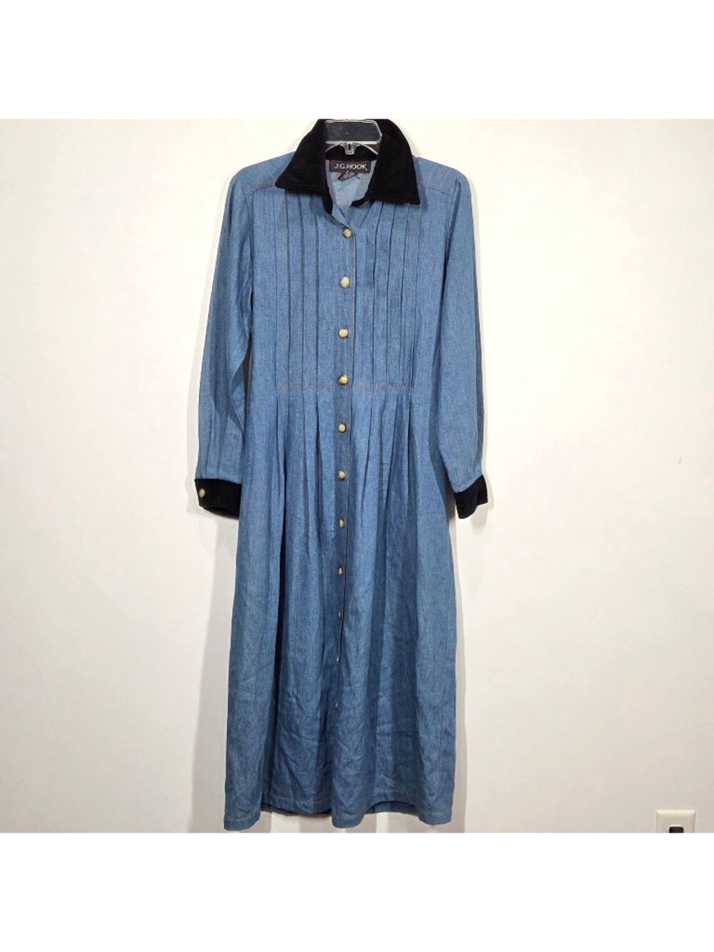 Vintage JG Hook Dress Medium Blue Denim Shirtdress Pintuck Maxi Prairie Cottage